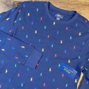 Polo Ralph Lauren Thermal Shirt Waffle Knit Crew Neck Allover Pony Print Mens XL